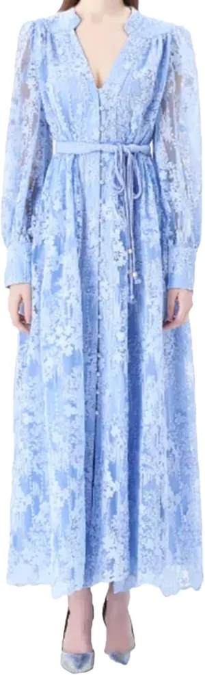 Women's Dress Spring French Lace Embroidery V-Neck Lantern Sleeves Single Breasted Party Birthday Dress