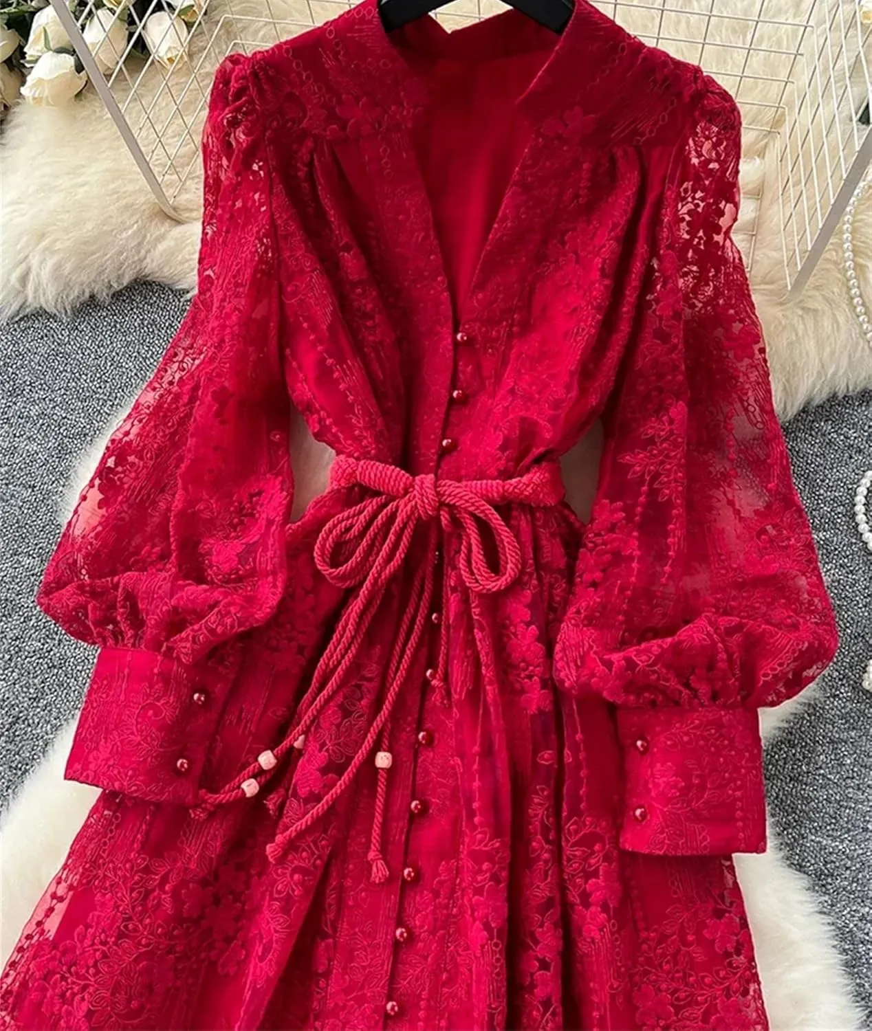 Women's Dress Spring French Lace Embroidery V-Neck Lantern Sleeves Single Breasted Party Birthday Dress
