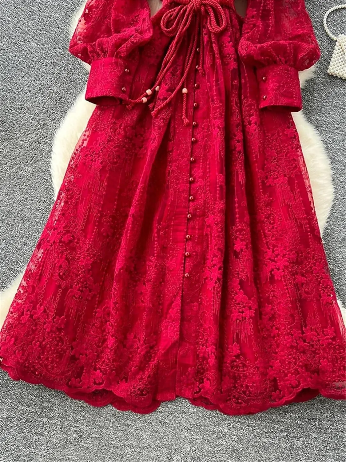 Women's Dress Spring French Lace Embroidery V-Neck Lantern Sleeves Single Breasted Party Birthday Dress