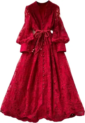 Women's Dress Spring French Lace Embroidery V-Neck Lantern Sleeves Single Breasted Party Birthday Dress
