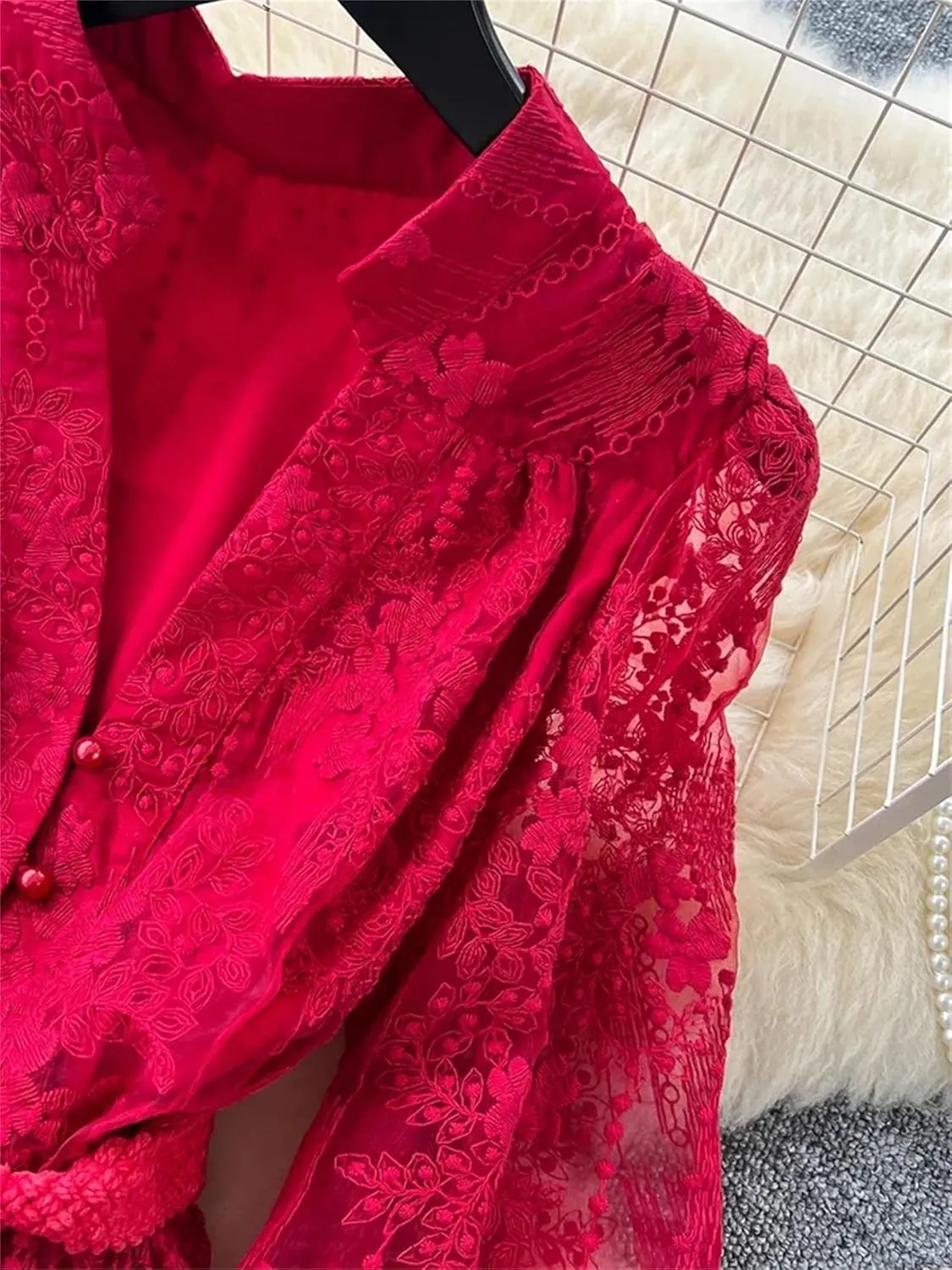 Women's Dress Spring French Lace Embroidery V-Neck Lantern Sleeves Single Breasted Party Birthday Dress