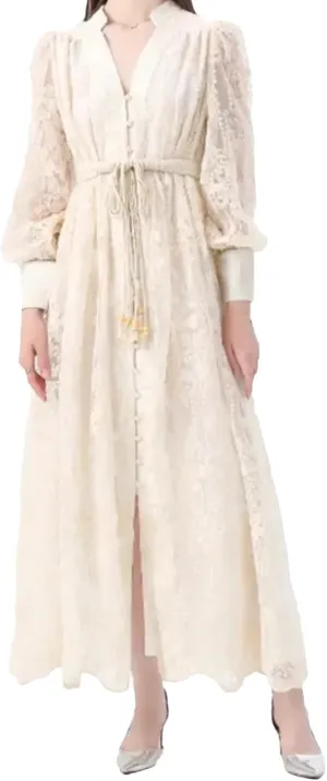 Women's Dress Spring French Lace Embroidery V-Neck Lantern Sleeves Single Breasted Party Birthday Dress