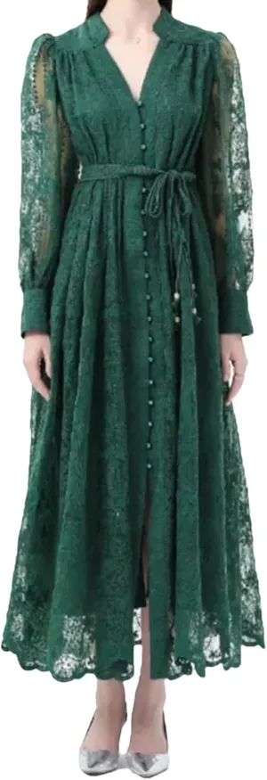 Women's Dress Spring French Lace Embroidery V-Neck Lantern Sleeves Single Breasted Party Birthday Dress