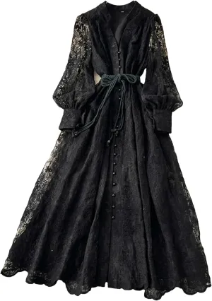 Women's Dress Spring French Lace Embroidery V-Neck Lantern Sleeves Single Breasted Party Birthday Dress