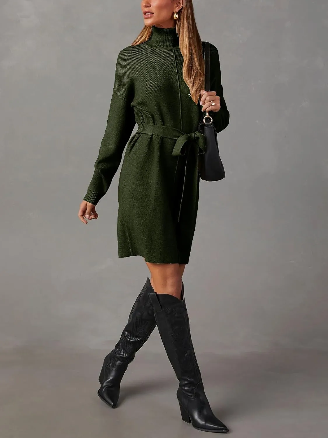 Women's Fall High Neck Sweater Dress Long Sleeve Ribbed Casual Knit Pullover Short Dresses Tie Waist