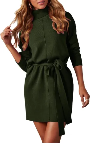 Women's Fall High Neck Sweater Dress Long Sleeve Ribbed Casual Knit Pullover Short Dresses Tie Waist