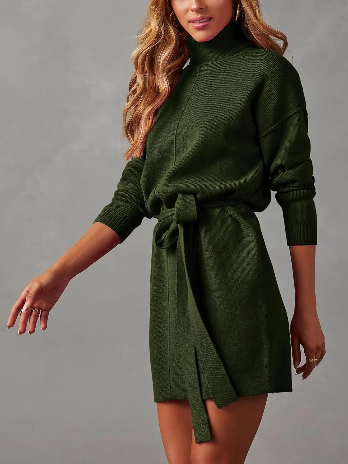 Women's Fall High Neck Sweater Dress Long Sleeve Ribbed Casual Knit Pullover Short Dresses Tie Waist