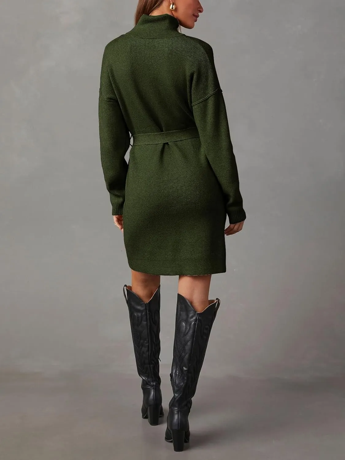 Women's Fall High Neck Sweater Dress Long Sleeve Ribbed Casual Knit Pullover Short Dresses Tie Waist
