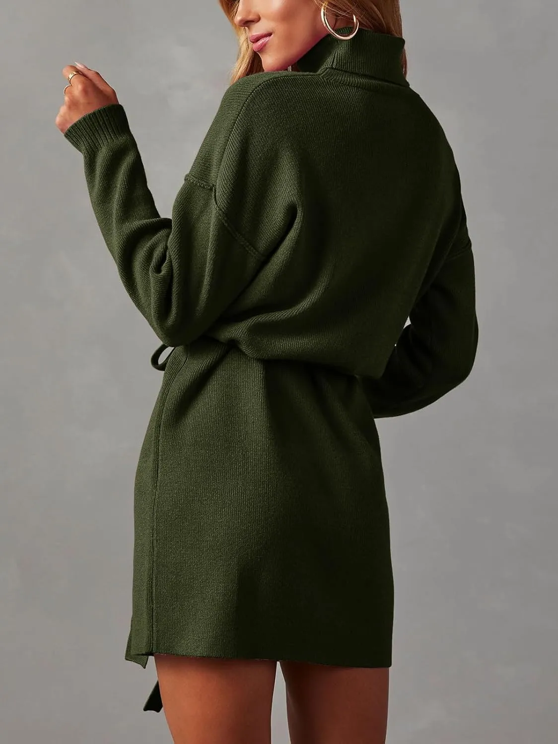 Women's Fall High Neck Sweater Dress Long Sleeve Ribbed Casual Knit Pullover Short Dresses Tie Waist