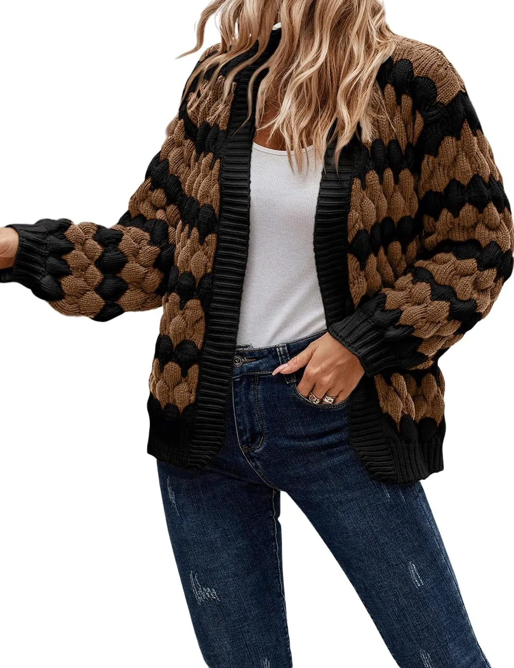 Women's Fall Long Lantern Sleeve Open Front Cardigan Striped Color Block Chunky Knit Sweater Coats Outwear