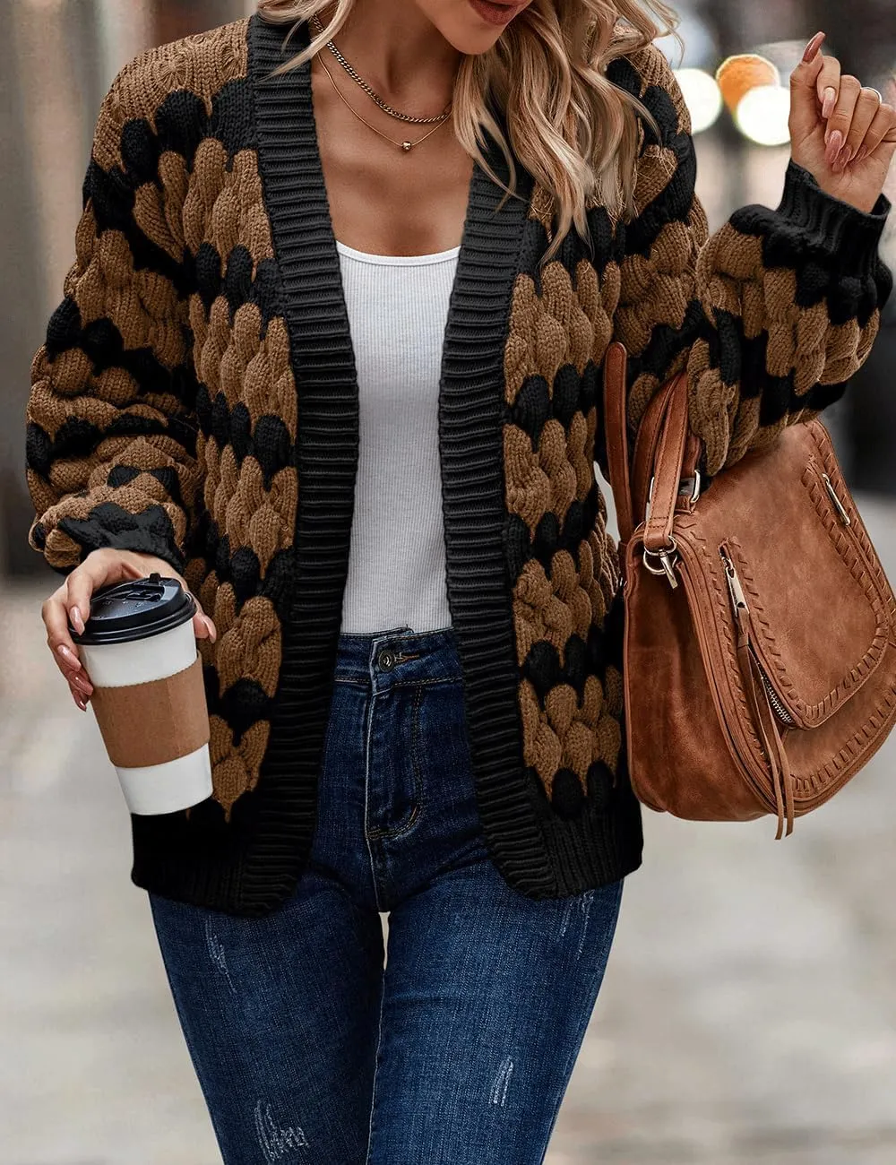 Women's Fall Long Lantern Sleeve Open Front Cardigan Striped Color Block Chunky Knit Sweater Coats Outwear