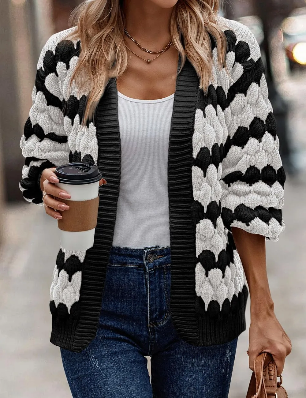 Women's Fall Long Lantern Sleeve Open Front Cardigan Striped Color Block Chunky Knit Sweater Coats Outwear