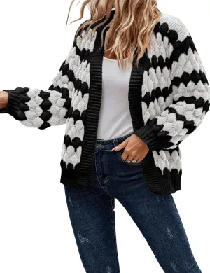 Women's Fall Long Lantern Sleeve Open Front Cardigan Striped Color Block Chunky Knit Sweater Coats Outwear