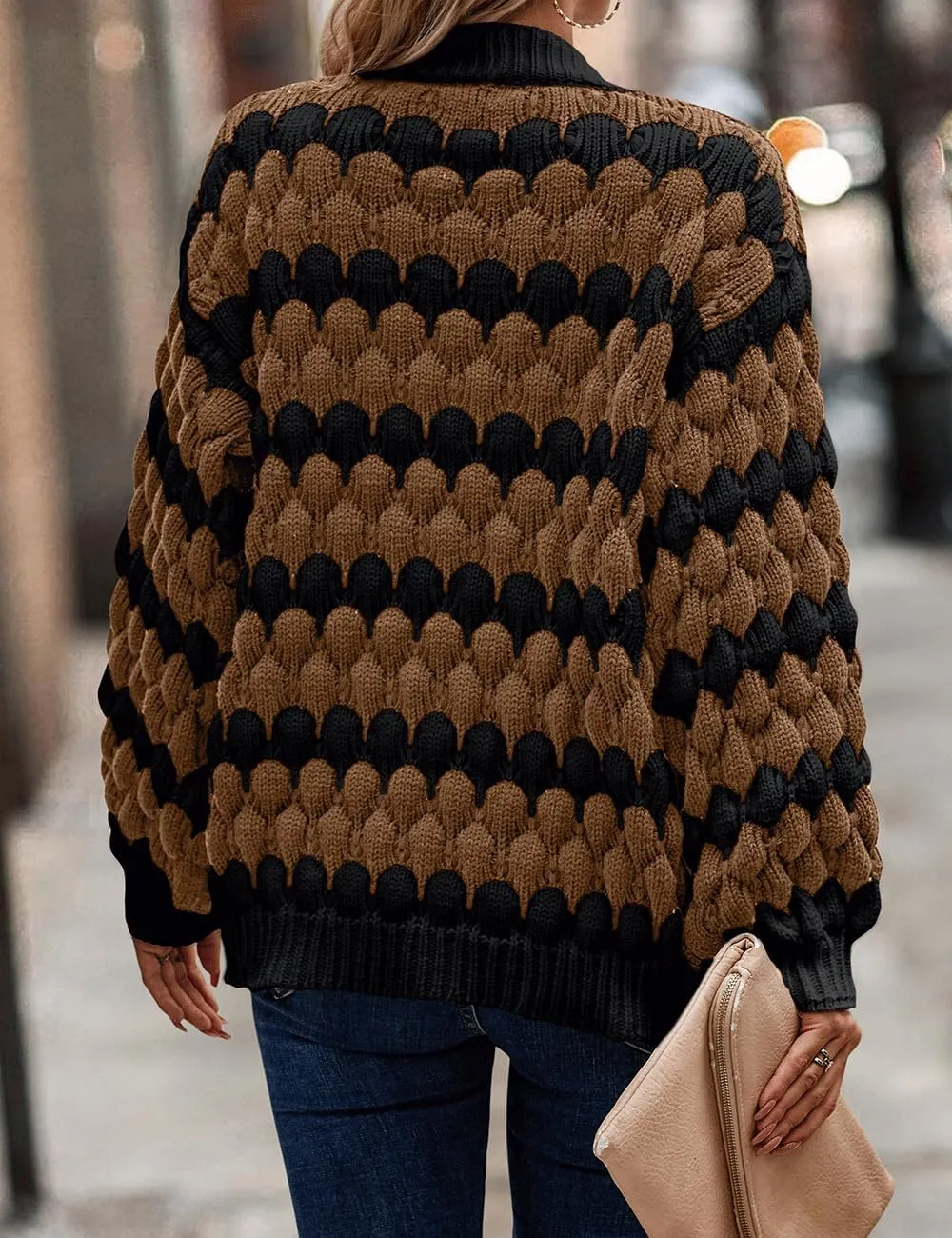 Women's Fall Long Lantern Sleeve Open Front Cardigan Striped Color Block Chunky Knit Sweater Coats Outwear
