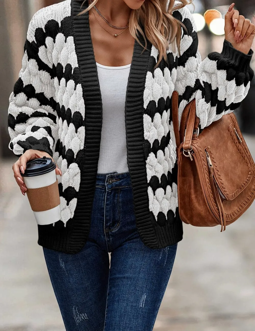 Women's Fall Long Lantern Sleeve Open Front Cardigan Striped Color Block Chunky Knit Sweater Coats Outwear