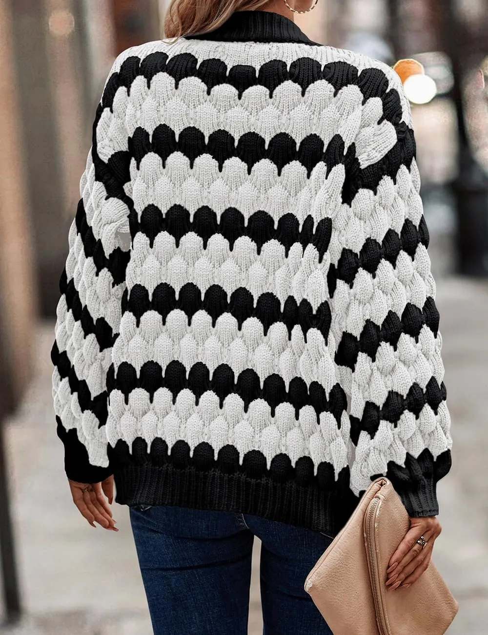 Women's Fall Long Lantern Sleeve Open Front Cardigan Striped Color Block Chunky Knit Sweater Coats Outwear