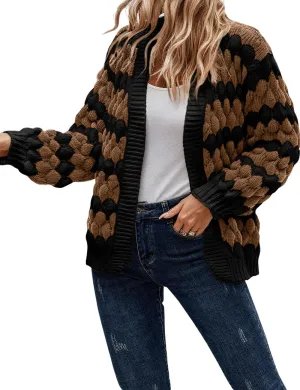 Women's Fall Long Lantern Sleeve Open Front Cardigan Striped Color Block Chunky Knit Sweater Coats Outwear