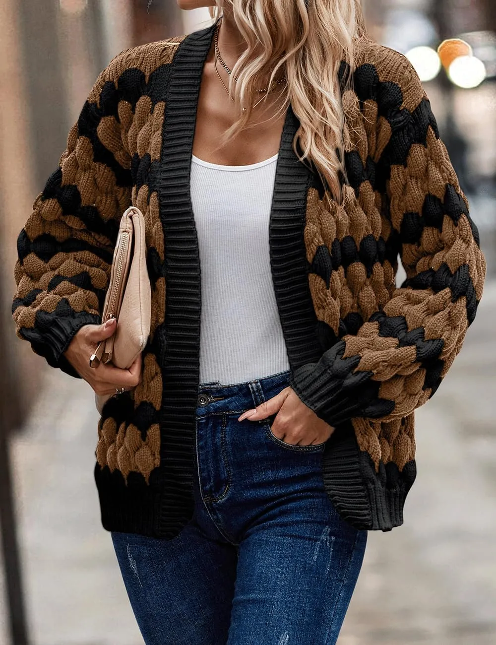 Women's Fall Long Lantern Sleeve Open Front Cardigan Striped Color Block Chunky Knit Sweater Coats Outwear