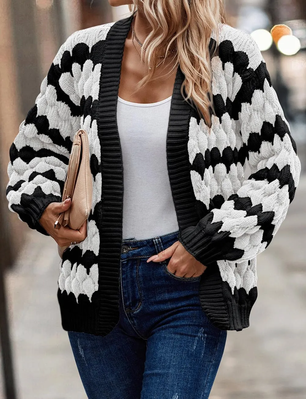 Women's Fall Long Lantern Sleeve Open Front Cardigan Striped Color Block Chunky Knit Sweater Coats Outwear