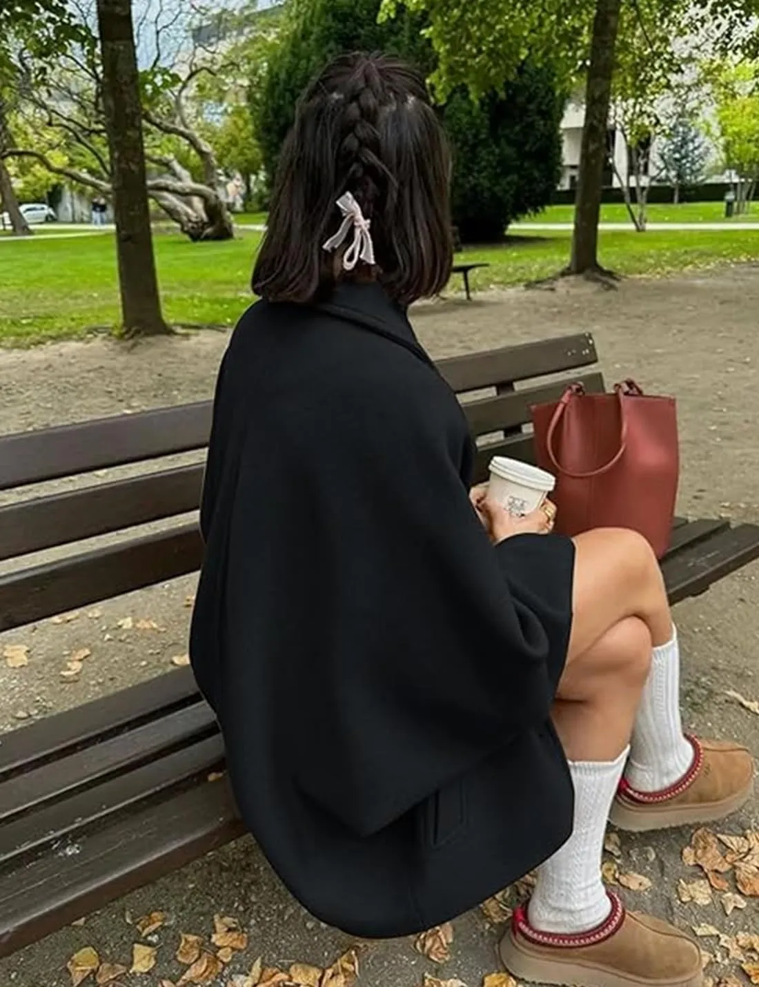 Women's Fall Single Breasted Pea Coat Long Sleeve Turndown Collar Wool Cape Blend Coat with Pockets