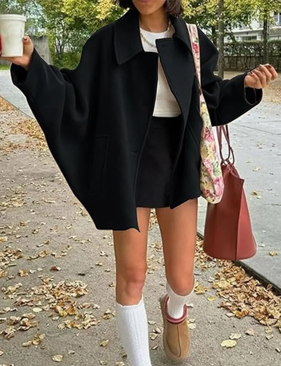 Women's Fall Single Breasted Pea Coat Long Sleeve Turndown Collar Wool Cape Blend Coat with Pockets