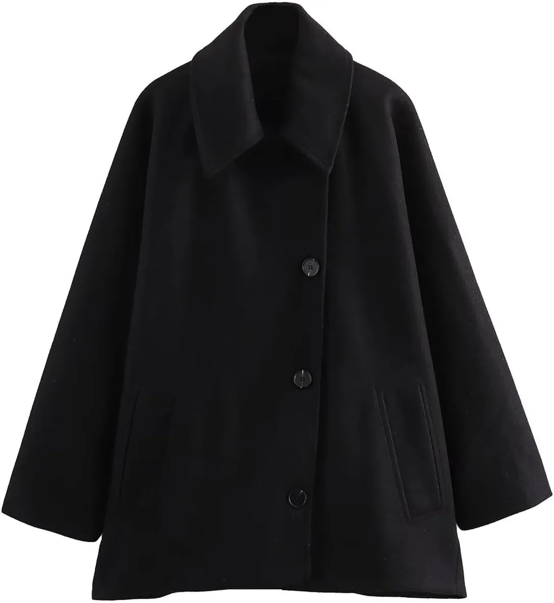 Women's Fall Single Breasted Pea Coat Long Sleeve Turndown Collar Wool Cape Blend Coat with Pockets