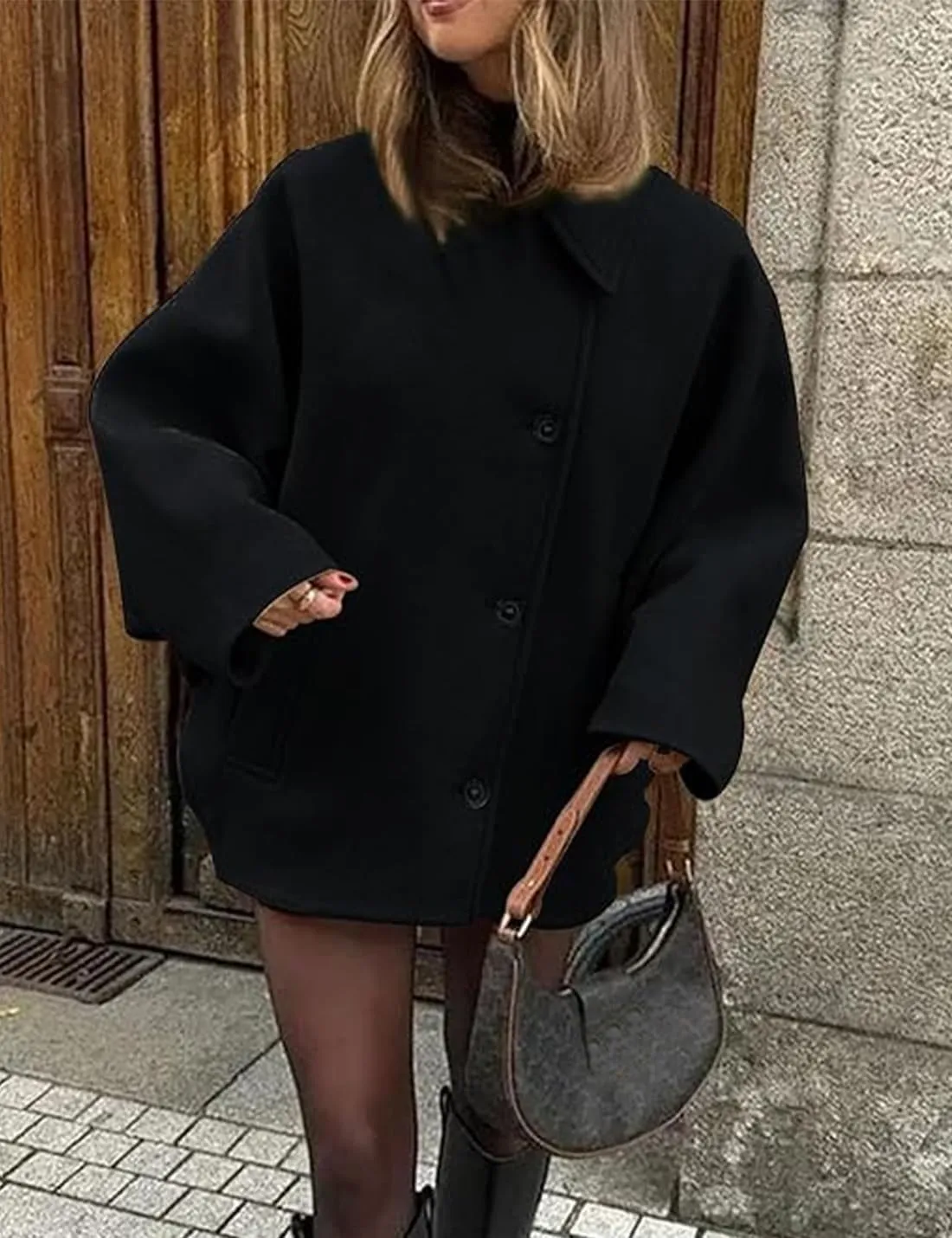 Women's Fall Single Breasted Pea Coat Long Sleeve Turndown Collar Wool Cape Blend Coat with Pockets