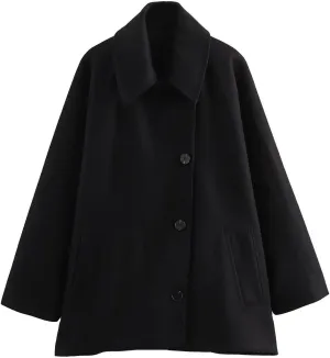 Women's Fall Single Breasted Pea Coat Long Sleeve Turndown Collar Wool Cape Blend Coat with Pockets