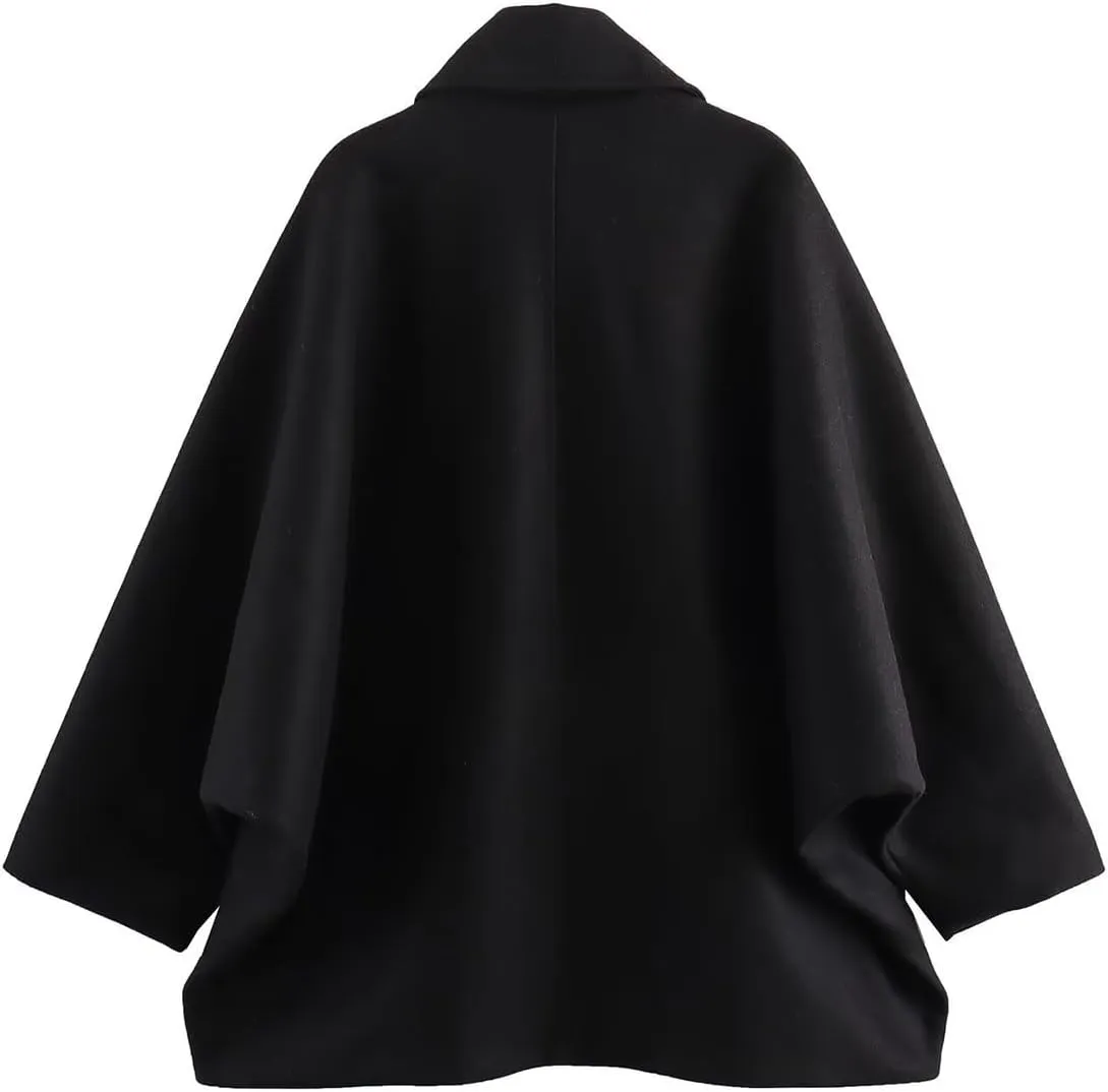 Women's Fall Single Breasted Pea Coat Long Sleeve Turndown Collar Wool Cape Blend Coat with Pockets