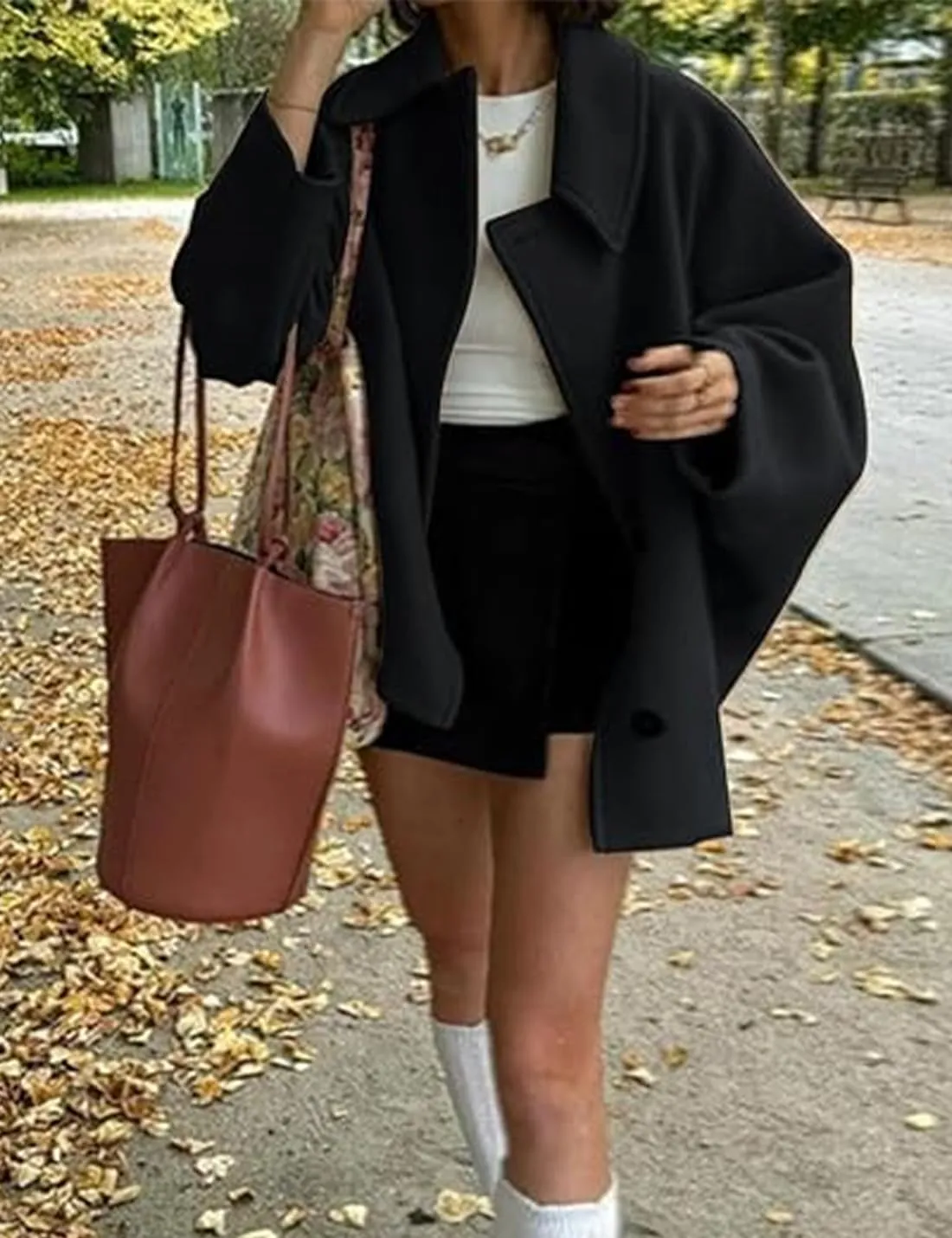 Women's Fall Single Breasted Pea Coat Long Sleeve Turndown Collar Wool Cape Blend Coat with Pockets