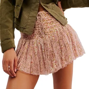 Women's Fashion Pleated Mini Skirts Y2k Floral Print Cross Tie-Up High Waist Short Skirts Summer Casual Skirts