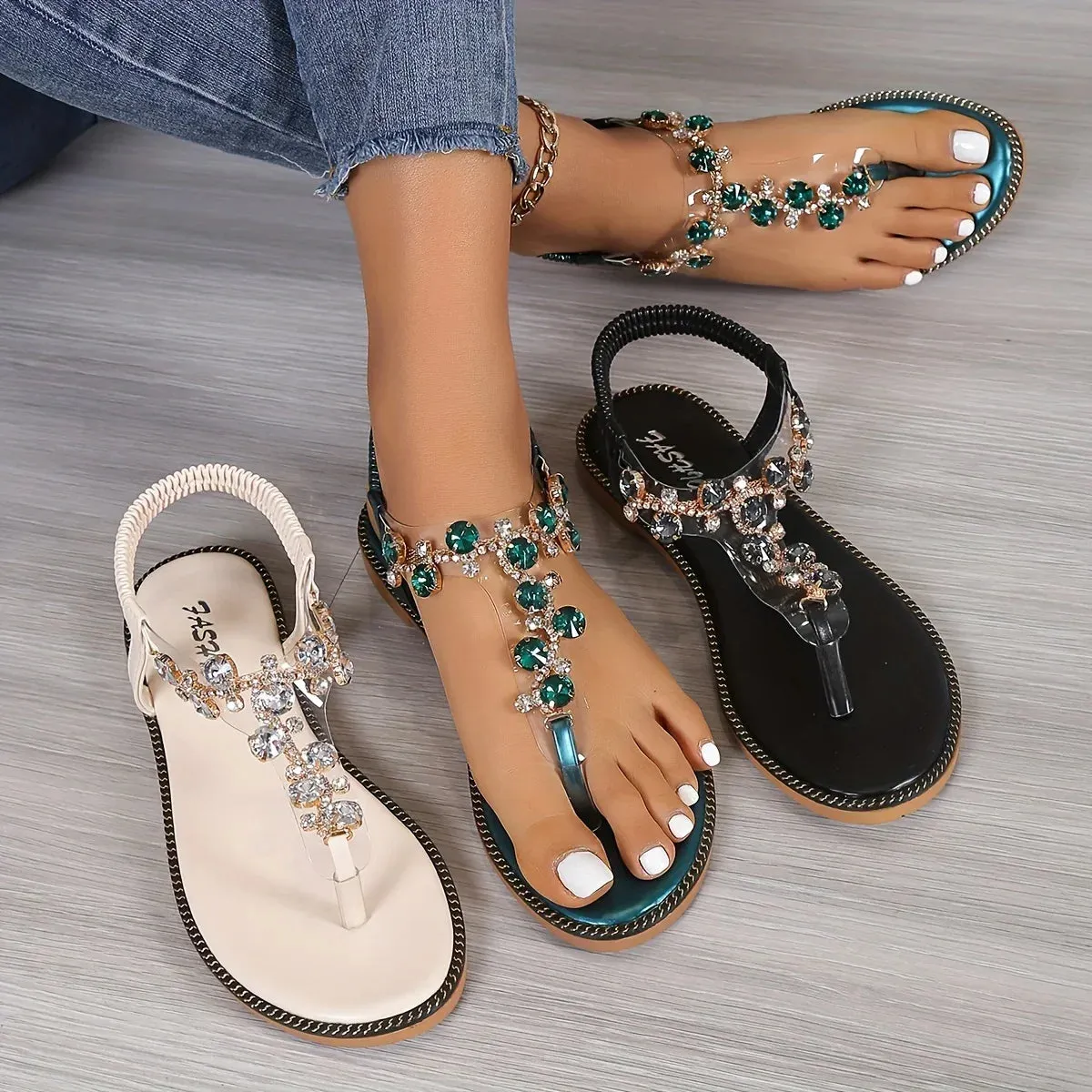 Women's Fashion Solid Color Thong Sandals Elastic Ankle Strap Lightweight Soft Sole Glitter Shoes Rhinestone Decor Beach Shoes