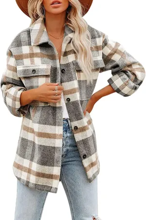 Women's Flannel Plaid Jacket Long Sleeve Button Down Pocket Shirts Coats Shacket