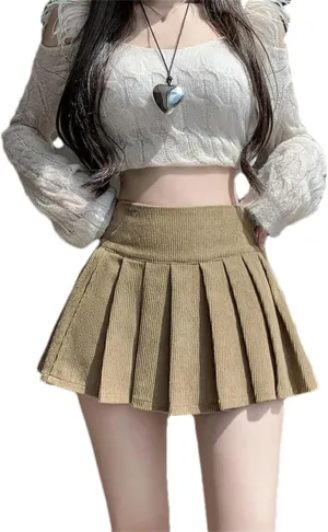 Women's High Waist Casual Vintage A-Line Corduroy Pleated Mini Skirt - Athletic Skort Tennis Skirts