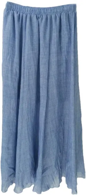 Women's High Waist Elastic Waist Linen Pleated Long Skirts Slim Casual Skirt