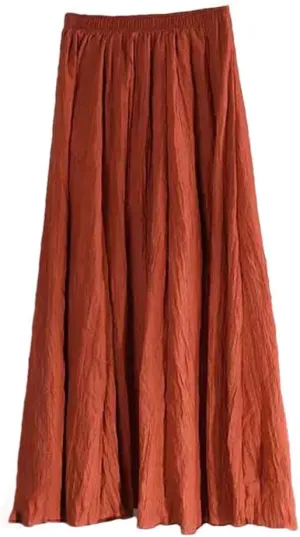 Women's High Waist Elastic Waist Linen Pleated Long Skirts Slim Casual Skirt