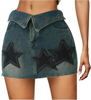Women's High Waist Mini Denim Skirt Button Front Ruffle Hem A-Line Short Jean Skirts Bodycon Zip Fly Jean Mini
