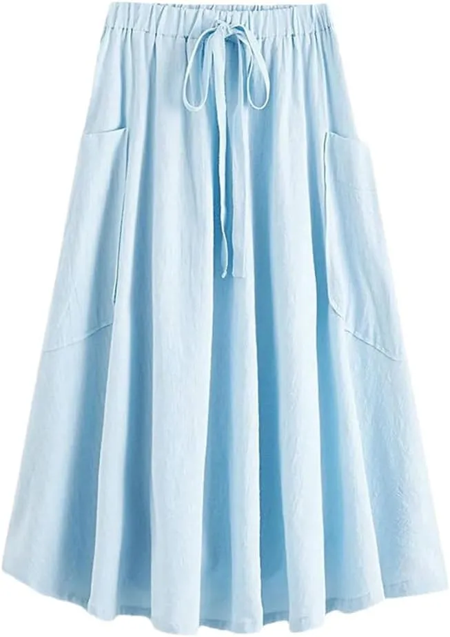 Women's High Waist Pleated Midi Skirt with Pocket Korean Fashion A Line Slim Skirt