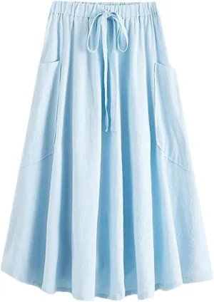 Women's High Waist Pleated Midi Skirt with Pocket Korean Fashion A Line Slim Skirt