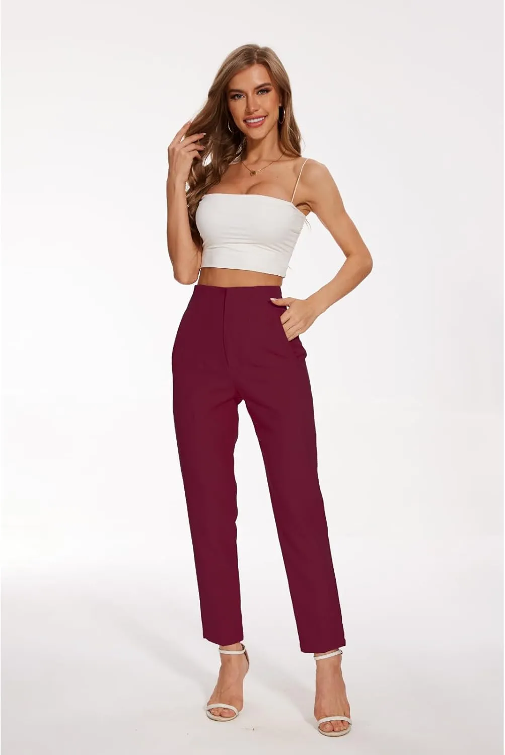 Women's High Waisted Pants - Straight Leg Dress Trousers with Pockets and Seam Design for Business Office Casual