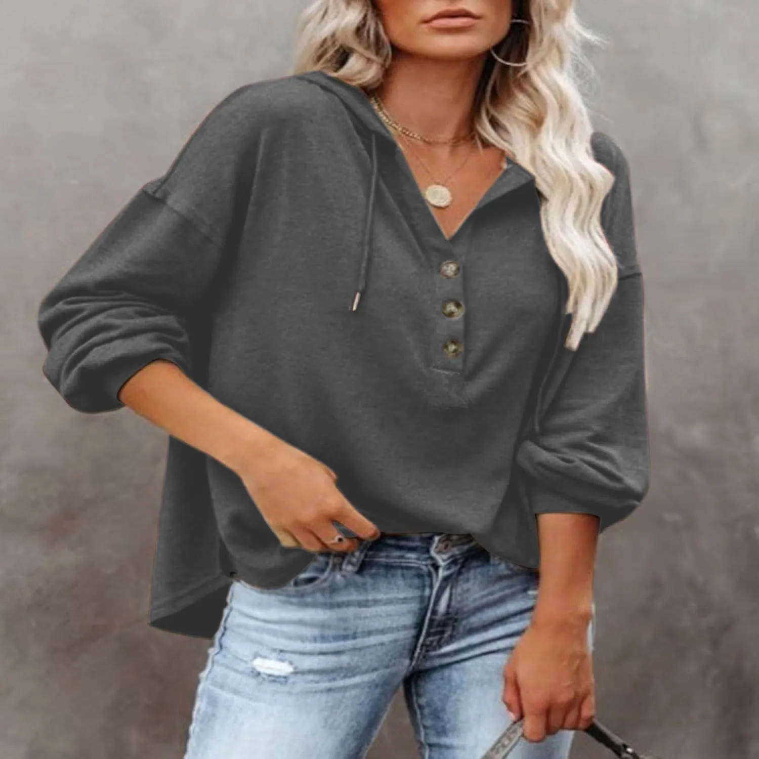 Womens Hooded Button Collar Drawstring Hoodies Pullover Sweatshirts Casual Long Sleeve Solid Color Fall Top Shirts