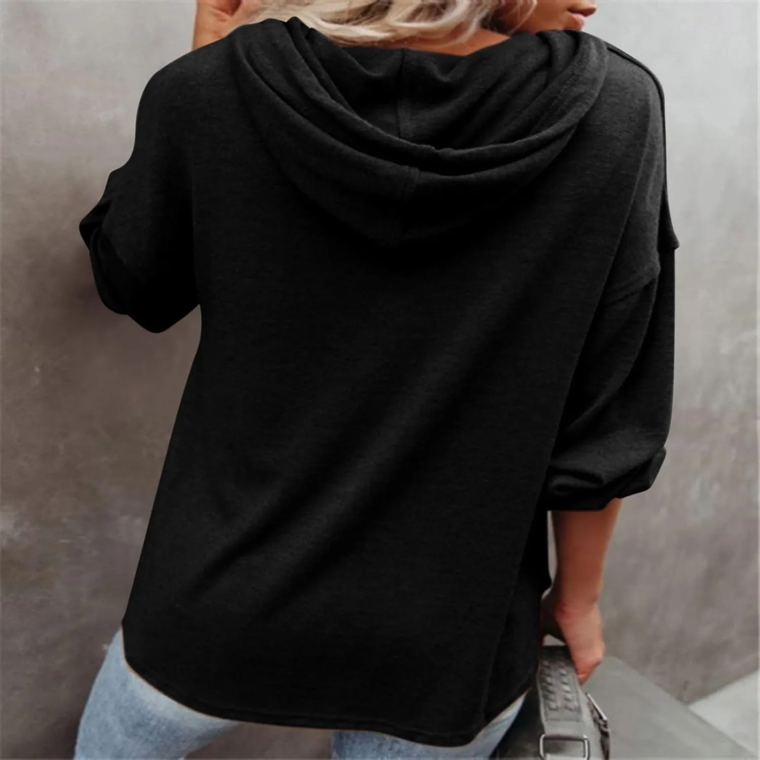 Womens Hooded Button Collar Drawstring Hoodies Pullover Sweatshirts Casual Long Sleeve Solid Color Fall Top Shirts