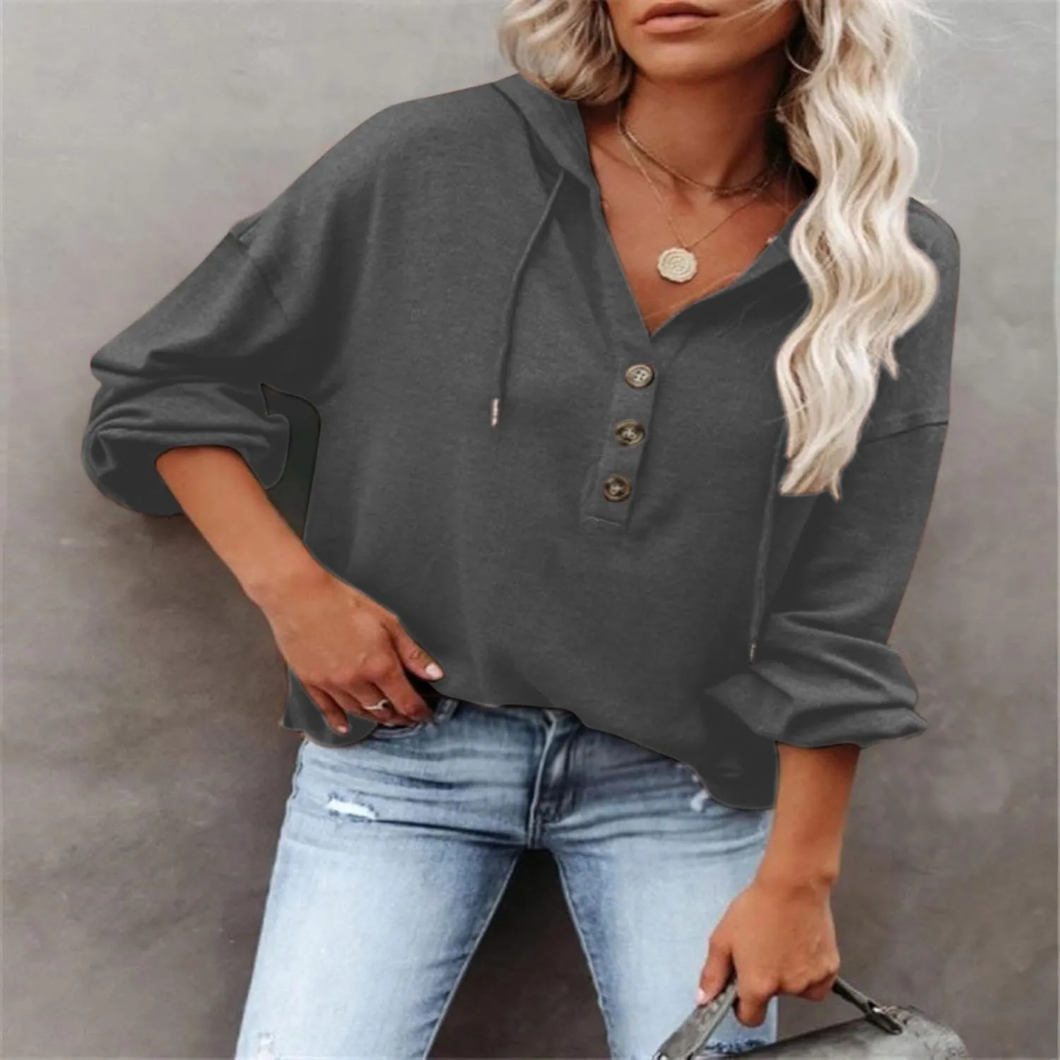 Womens Hooded Button Collar Drawstring Hoodies Pullover Sweatshirts Casual Long Sleeve Solid Color Fall Top Shirts