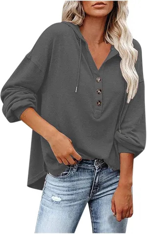 Womens Hooded Button Collar Drawstring Hoodies Pullover Sweatshirts Casual Long Sleeve Solid Color Fall Top Shirts
