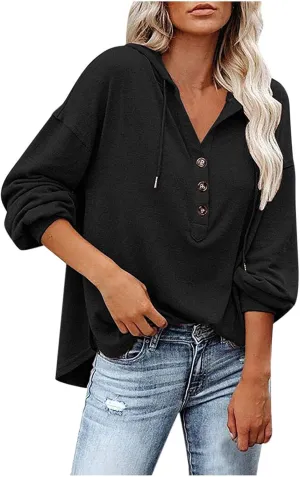 Womens Hooded Button Collar Drawstring Hoodies Pullover Sweatshirts Casual Long Sleeve Solid Color Fall Top Shirts