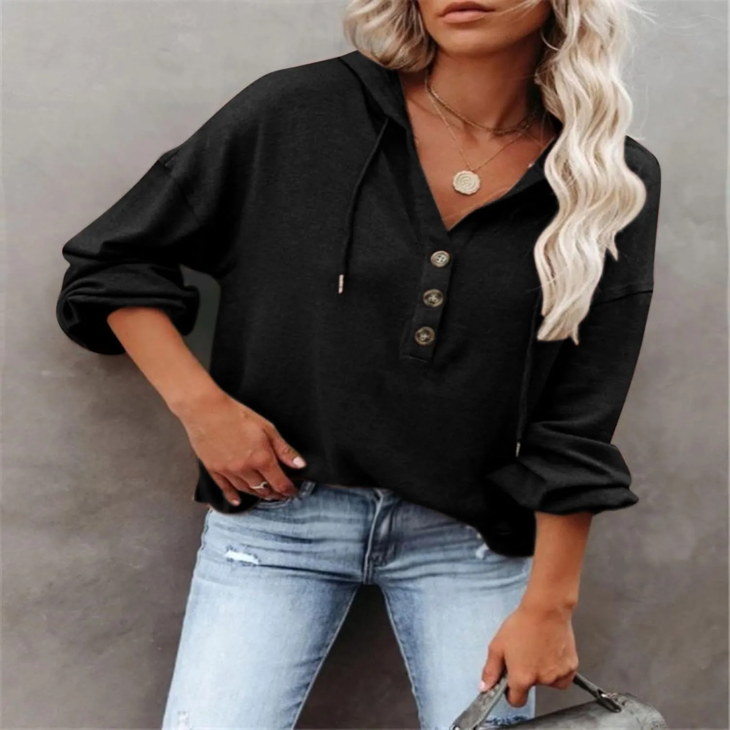 Womens Hooded Button Collar Drawstring Hoodies Pullover Sweatshirts Casual Long Sleeve Solid Color Fall Top Shirts