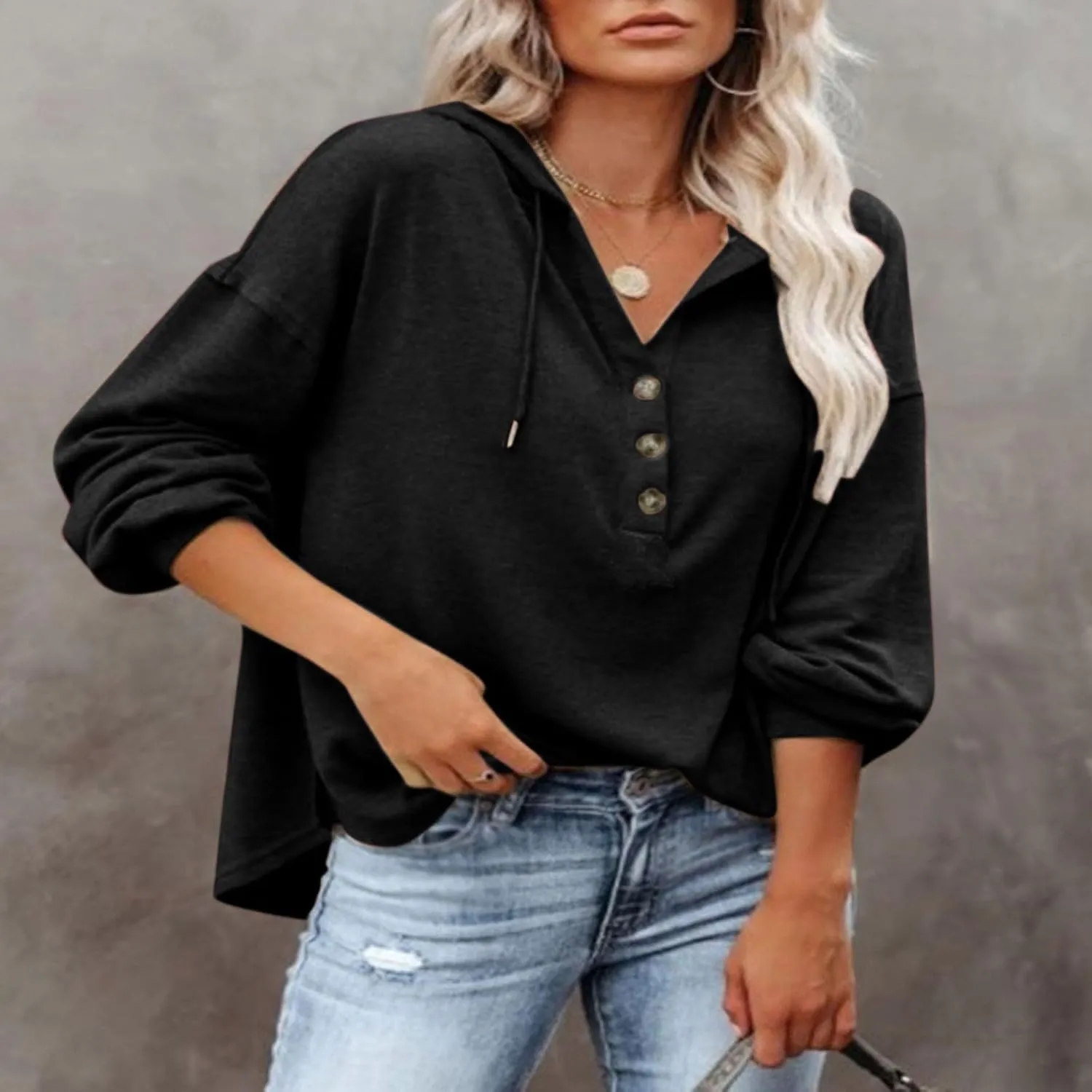 Womens Hooded Button Collar Drawstring Hoodies Pullover Sweatshirts Casual Long Sleeve Solid Color Fall Top Shirts