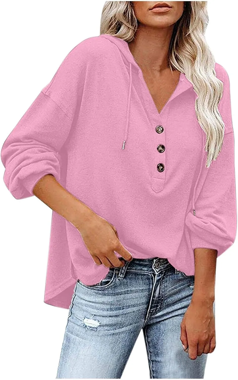 Womens Hoodies Loose Fit Sweatshirt Casual Long Sleeve Button V Neck Shirts Pullover Tops Fashion Cute Blouse Tops