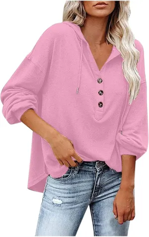 Womens Hoodies Loose Fit Sweatshirt Casual Long Sleeve Button V Neck Shirts Pullover Tops Fashion Cute Blouse Tops