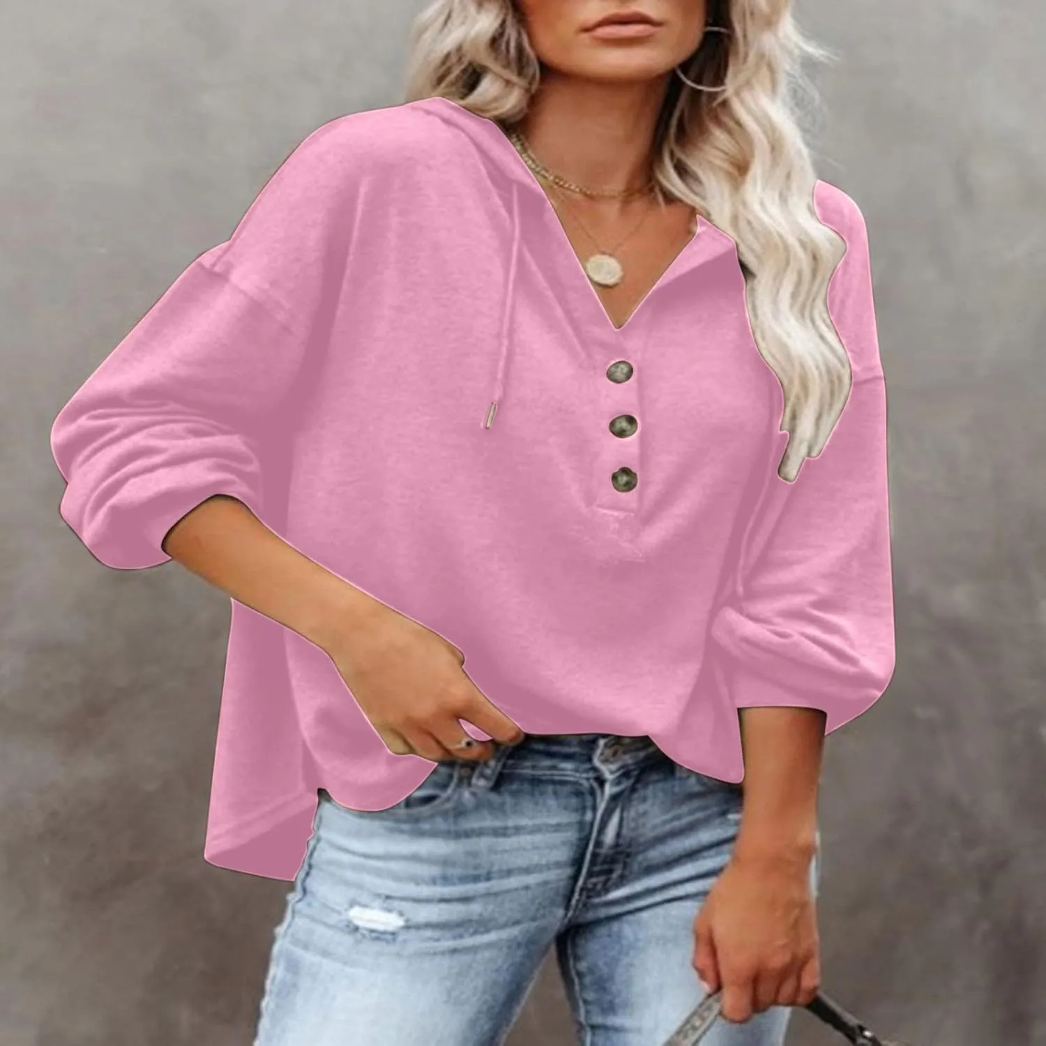 Womens Hoodies Loose Fit Sweatshirt Casual Long Sleeve Button V Neck Shirts Pullover Tops Fashion Cute Blouse Tops